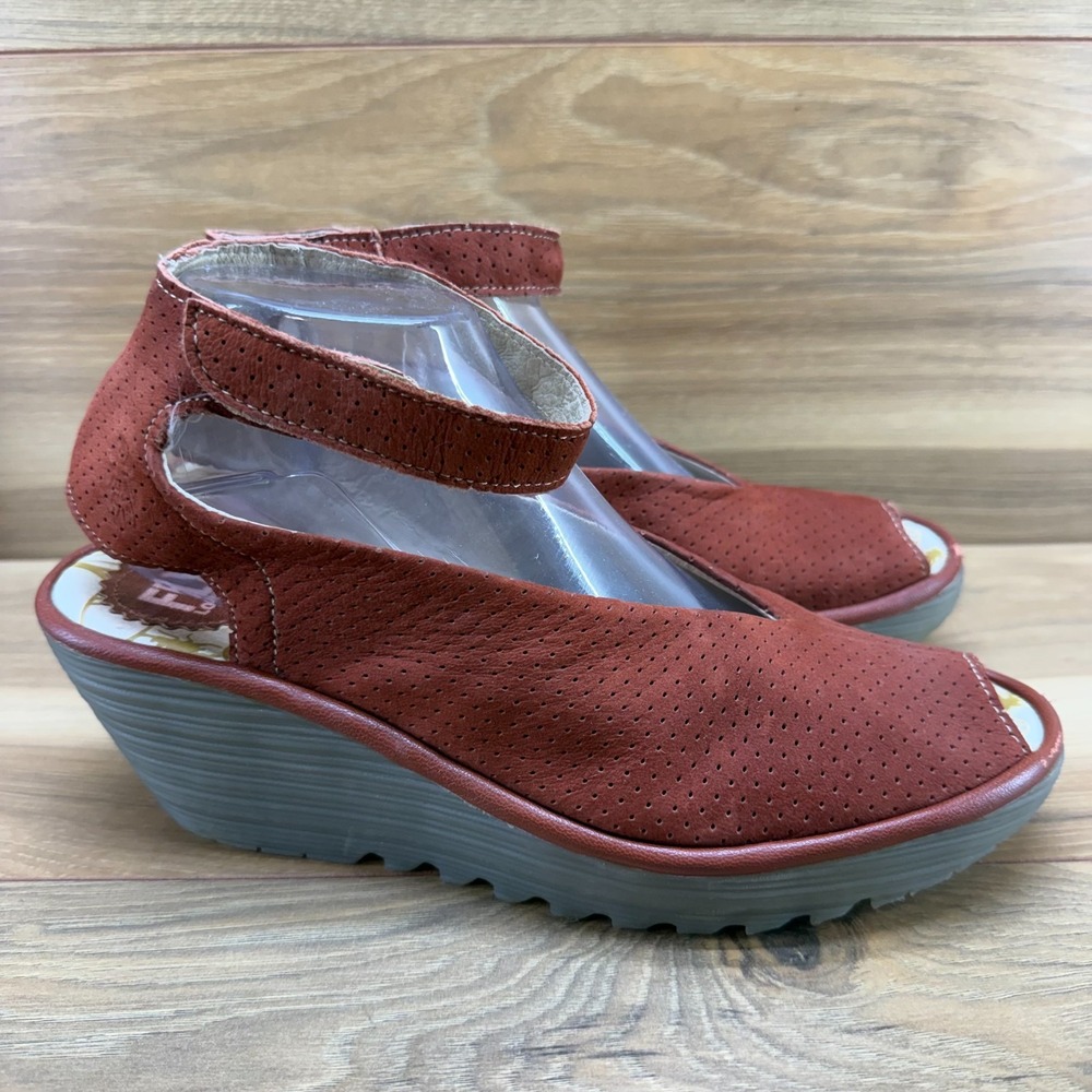Fly London Yala Peep Toe Ankle Strap Wedge Sandals Womens 10.5 EU 41 Rust Orange
